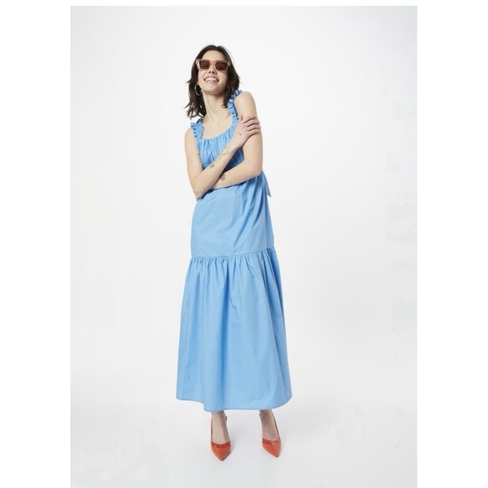 Abercrombie & Fitch Tiered Bow Back Ruffle Poplin Maxi Dress Sz MP Blue